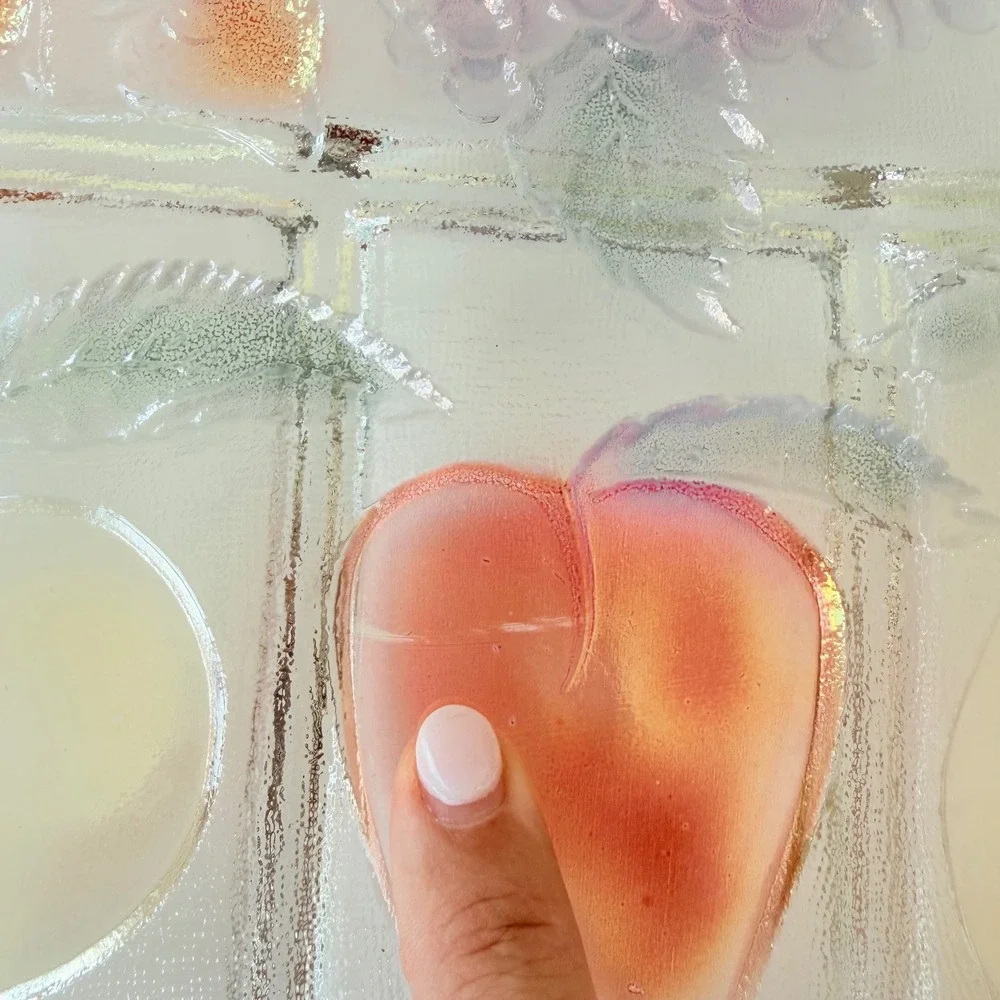 Vintage Iridescent Glass Fruit Divided Serving Tray Scalloped Edge Pink Handles